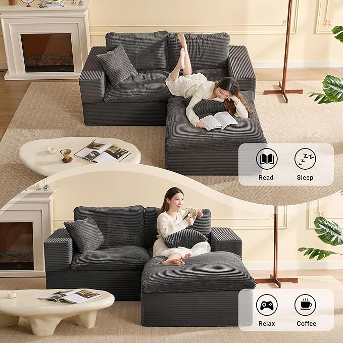 74.8” Set of Cloud Couch, Modular Loveseat Sofa, Convertible Sofas Bed, Deep Seat Sofa, Cozy Sofa for Living Room, Office and Bedroom, L Shaped Cozy Sofa Furniture Set, Corduroy, Gray
