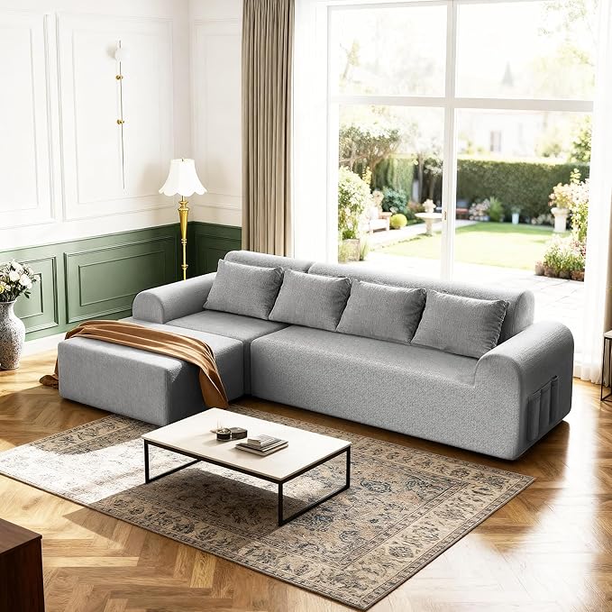 2026 New 105.5”Cloud Boneless Sectional Sofa for Living Room, L-Shaped 4-Seater Modular Couch with Ottoman, 4 Pillows, Deep Seat Chenille Fabric Sofa, No Assembly, 72H Full Restore, Light Grey