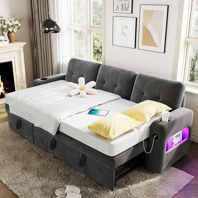 GarveeHome 84 Inch Sleeper Sofa Bed, L-Shaped Sofa, Convertible Pull Out Couch Bed with Storage, Charging Station, LED Lights, Modern Sectional Sofa for Living Room, Apartment, Velvet, Dark Grey