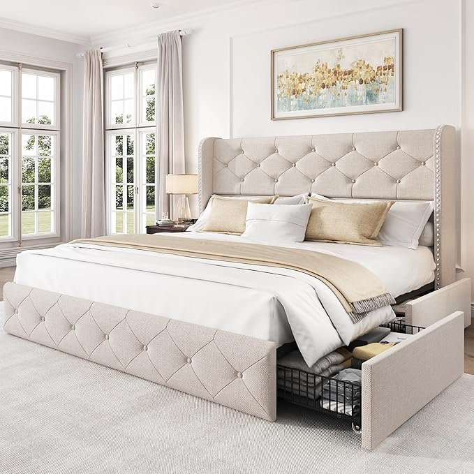 LARMACE Full Size Bed Frame with 4 Storage Drawers and 47.2" Tall Wingback Headboard Linen Upholstered Platform Bed Frame Tufted Beds with Wooden Slats Support, Easy Assembly, Beige