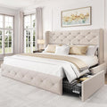 LARMACE Full Size Bed Frame with 4 Storage Drawers and 47.2" Tall Wingback Headboard Linen Upholstered Platform Bed Frame Tufted Beds with Wooden Slats Support, Easy Assembly, Beige