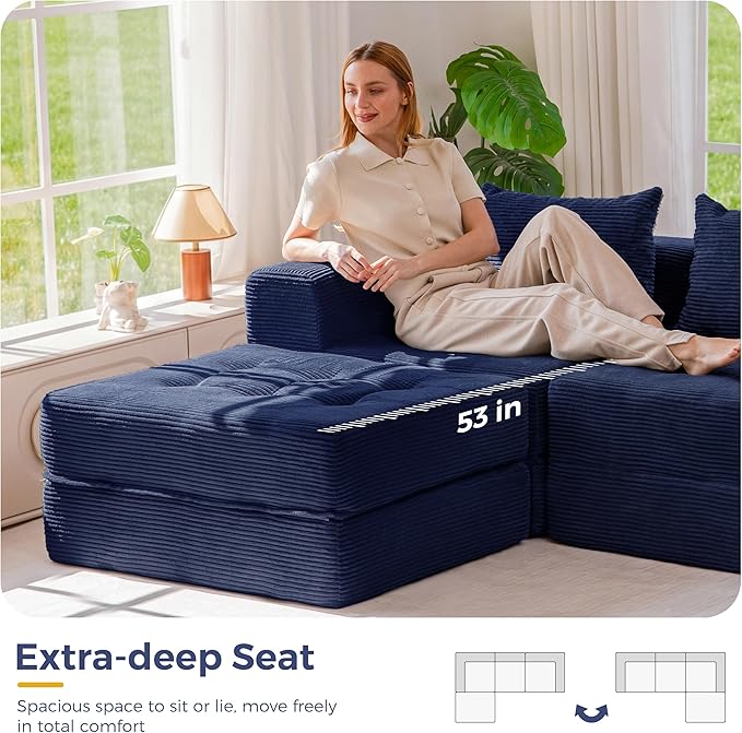 MAXYOYO Modular Sectional Sofa Couch, Foldable L-Shaped Folding Sofa Bed with Ottoman, Convertible Sectional Couch Corded Tufted Floor Sofa Lounger with Pillows for Living Room, No Assembly, Navy