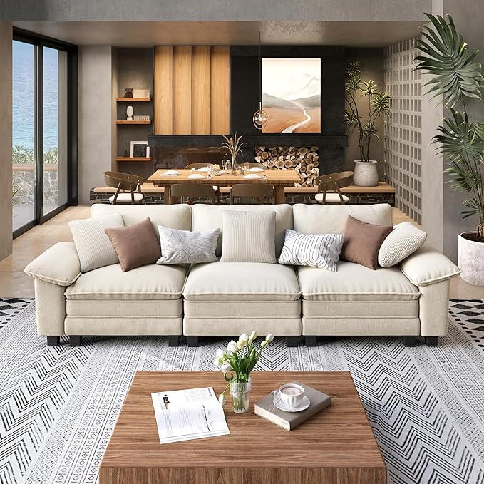 3 Seat Modular Sofa, 123.6'' Oversized Modern Chenille Sectional Couch with Wider Armrest and Pillow, Upholstered Cloud Deep Seat Sofa for Living Room, Beige