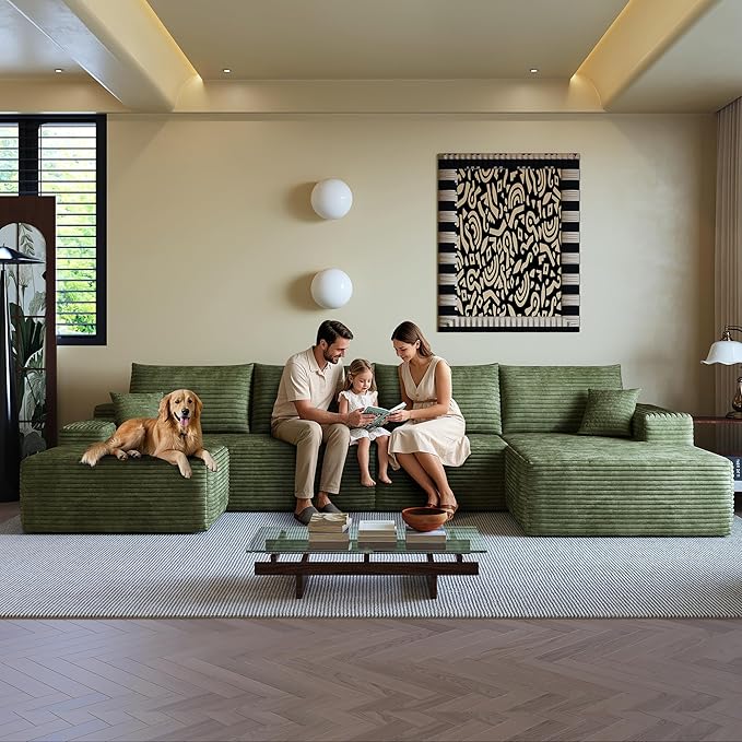 136" Sectional Couches for Living Room Modern Modular Sofa with L-Shape Couchs Upholstered Boneless Couch Deep Seat Sectional Couch with Chaise (Green, 136"Right facing chaise+3Seaters+Ottoman)