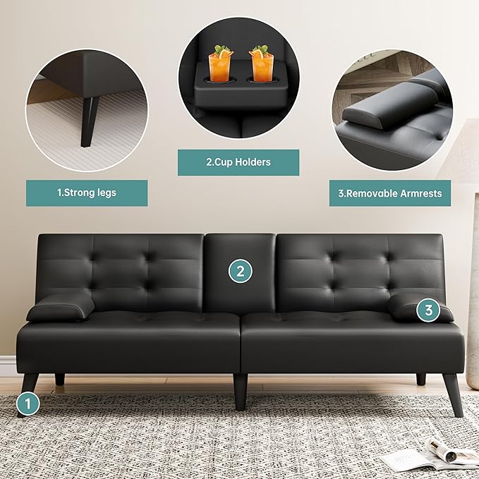 Meilocar 64" Futon Sofa Bed, Small Loveseat with 2 Cup Holders, Small Couch with 3 Adjustable Angles & Removable Armrest, Modern Sleeper Sofa for Apartment, Office (PU Leather, Black)
