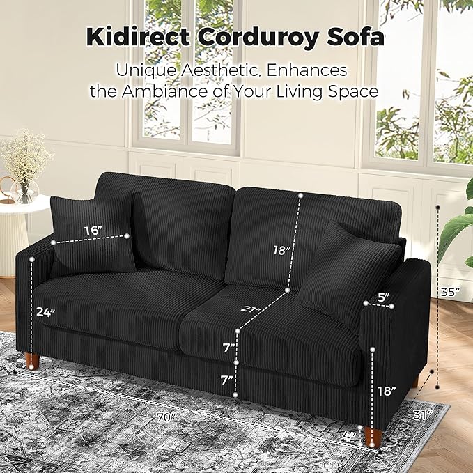 Kidirect 70in L Shaped Couch, Modular Sofa No Tool Assembly, Comfy Sectional Couches for Living Room 21in Deeper Seats, Corduroy Sofas for Living Room with 2 Pillows, Loveseat Sofa Set, Black Couch | Comfy Corduroy, Oversized 70in Couch, 700LB Tough, T...