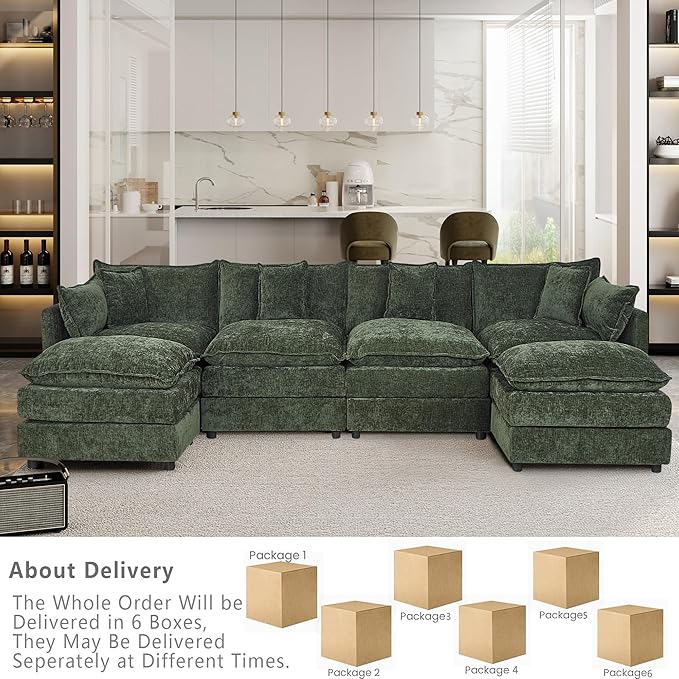 Setawix Deep 4 Seater Couch with Ottomans,147.22" U-Shaped Cloud Couches for Living Room,Chenille Cloud Sofa Couch with Foorest,Modular Sectional U Shape 4 Seat Sofa for Bedroom (Green, 4+2)
