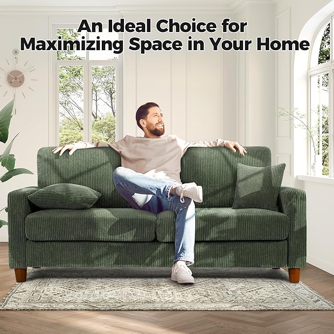Kidirect 70in Corduroy Couch, Sofas for Living Room No Tool Assembly, Comfy Couches for Living Room 21in Deep Seats, Oversized Loveseat Sofa with 2 Pillows, 3 Seater Couch for Bedroom, Green Sofa