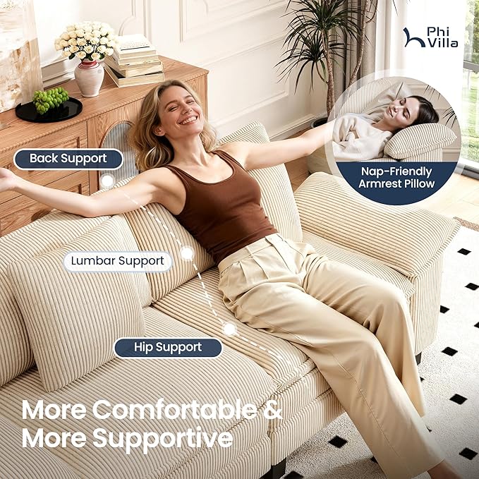 PHI VILLA Cloud Modular Couches Sets, 87.5" Sectional Loveseat Sofa with 1 Movable Ottoman, 3-Seater Comfy Couches for Living Room Apartment, Corduroy Fabric, Beige