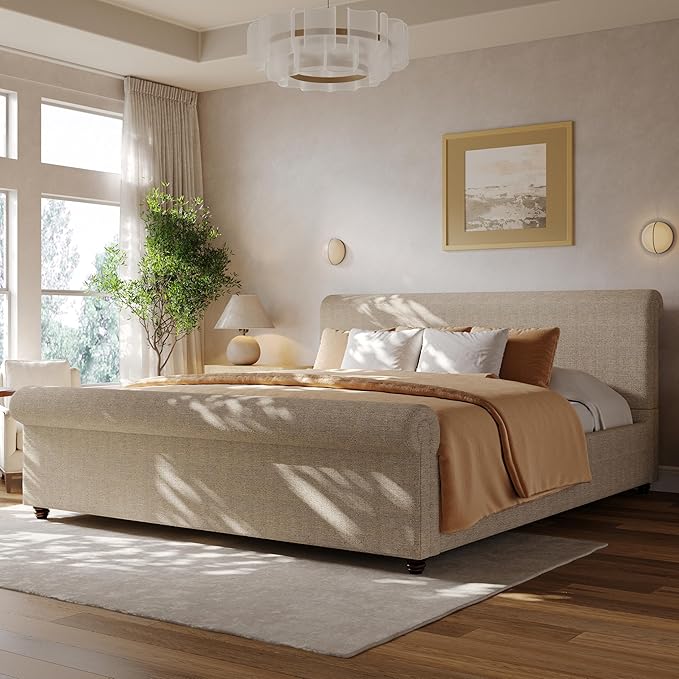 Christopher Knight Home Chenzi Linen Upholstered King Bed Frame and Headboard with Footboard, Wooden Platform King Size Bed Frame and Double-Layer Oval Legs, No Box Spring Needed, Sand Brown