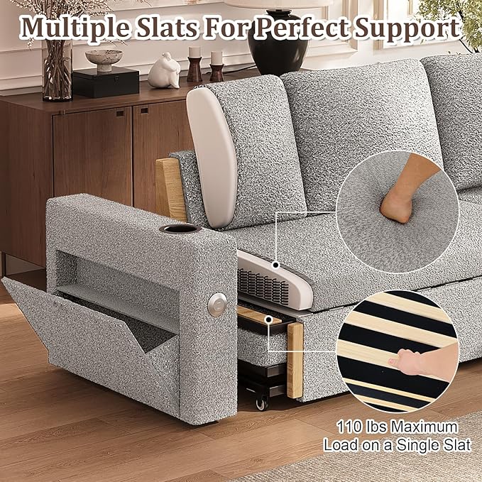 Sleeper Sofa Bed, 4-in-1 Pull Out Couch with Reversible Chaise | Dual USB & Type-C Charging | Dual Cup Holders | Layered Storage (Armrest + Chaise) for Living Room, Apartment, Home Office (Light Gray)