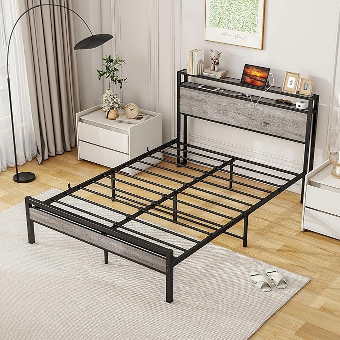 BOFENG Full Size Bed Frame with Storage Headboard/Charging Station,Heavy Duty Metal Platform Bed Frame Full,Reinforced Steel Slats Support,No Box Spring Needed,Noise Free,Grey