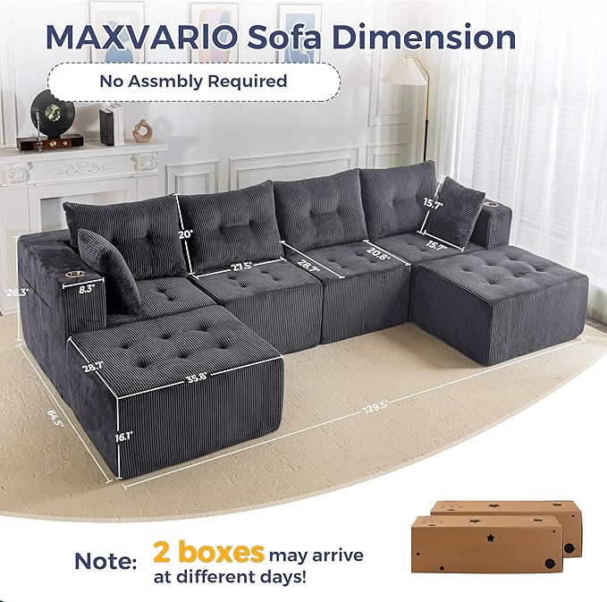 MAXYOYO 129.5" Modular Sectional Sofa Couch, U Shaped Modern Cloud Couch with 2 Ottomans, Sofa in A Box, Tufted 6-Seat Boneless Sleeper Chair for Living Room, No Assembly Required, Grey