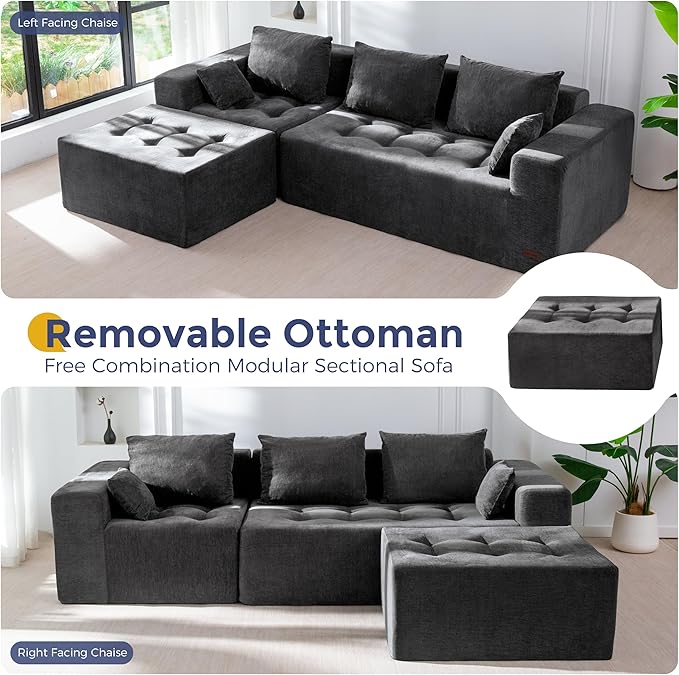 MAXYOYO Modular Sectional Sofa Couch, L Shaped Boneless Cloud Couch with Flexible Ottoman, Chenille Upholstered Living Room Sleeper Sofa Chair for Living Room, No Assembly Required, Dark Grey