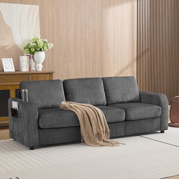 87.4" Oversized 3 Seater Couch,Upholstered Sofa for Living Room,Modern Deep Seat Comfy Love Seat Couch with Cup Holders,Corduroy Loveseat Sofa (Grey)