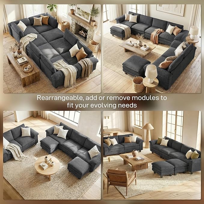 HOMCOM Modular Sectional Sofa Couch 124" Oversized L Shape Sectional Cloud Couch with Deep Seat, Movable Ottoman and Pillow-top Armrests for Living Room, Bedroom and Apartment, Dark Gray | Deep seat