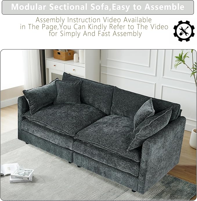 Setawix Chenille Loveseat Sofa Couch with Deep Seat,Large 2 Seater Cloud Couches for Living Room,77.16" Roomy Cloud Sofas,Modular Sectional 2 Seat Sofa with Pillows for Bedroom. (Grey, 2 Seater)