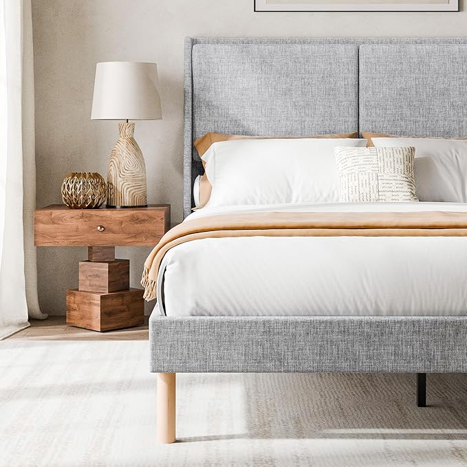 Cozy Castle Full Upholstered Platform Bed Frame with 51.2" Tall Wingback Headboard, Double Backrest Metal Bed Frame, No Box Spring Needed, Easy Assembly, Bedroom Furniture, Grey