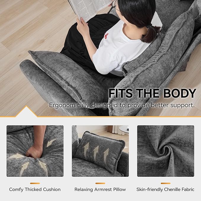 111'' Sectional Cloud Deep Seat Couch, Modern Comfy Chenille Modular Sectional Sofa for Living Room Set, Upholstered Modular 3-Seats Sofa Couch, Grey