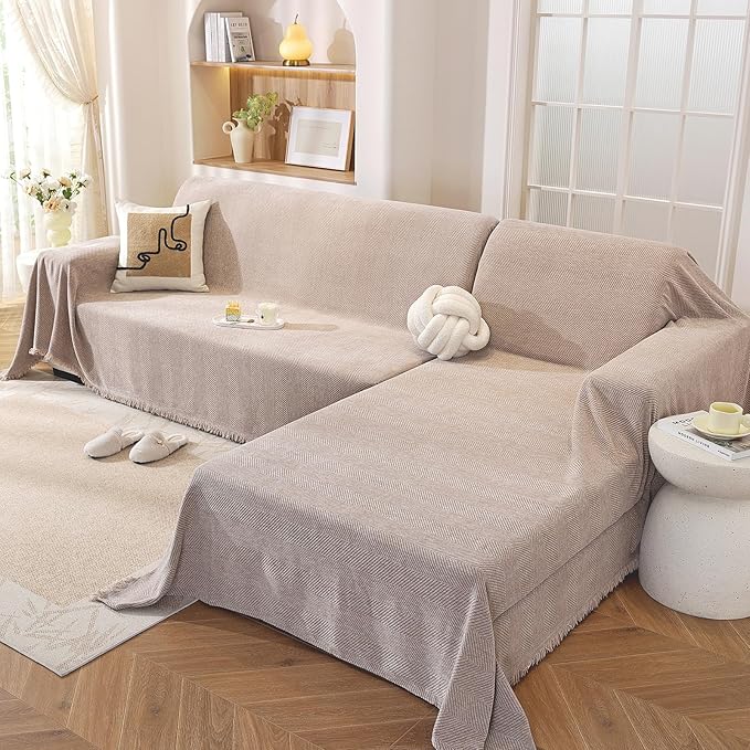 OstepDecor Sectional Couch Covers 2 Pieces, L Shaped Couch Cover Blanket, Sectional Sofa Cover Washable, Chaise Lounge Sofa Slipcovers Pet Furniture Protector for Dogs (71"x110"+71"x118", Khaki)