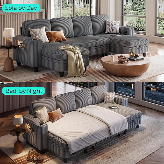LINSY HOME Sectional Sleeper Sofa Pull Out Couches for Living Room (Grey, Sleeper Sofa 3) | Pull Out Sofa Bed, Storage, USB Charging, Cup Holders, Plush Corduroy