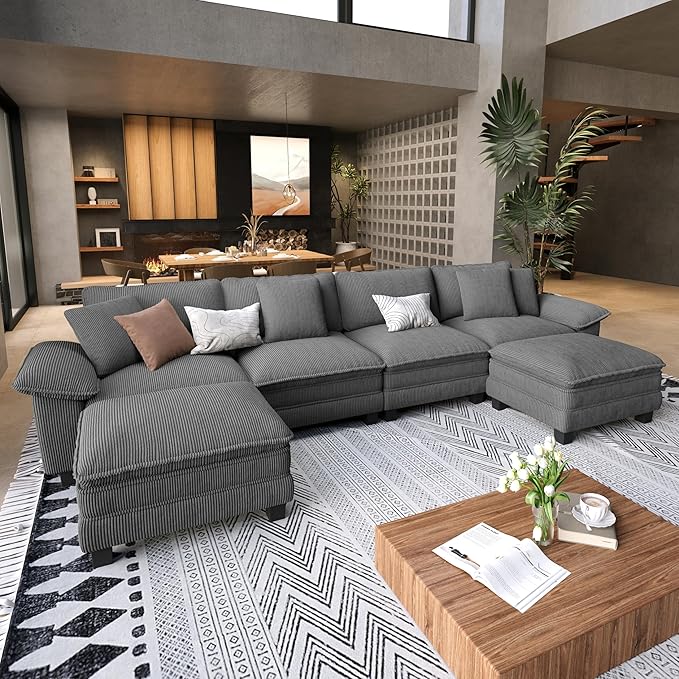 U Shaped Modular Cloud Couch, 157.5'' Oversized Corduroy Sectional Sofa with Wider Armrest and Ottoman, Upholstered 6-Seat Modern Deep Seat for Bedroom Living Room, Grey