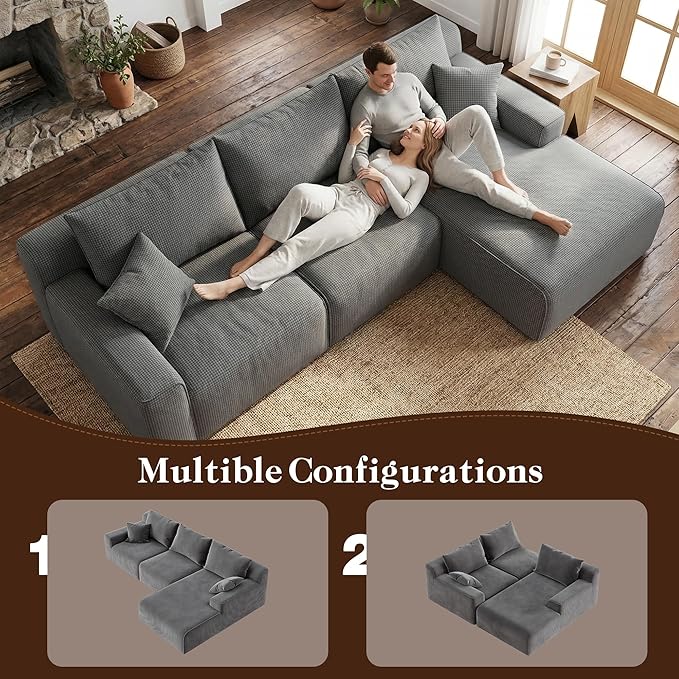 97”Modular Sectional Sofa, Cloud Sectional Couch with Deep Seat, Modern Modular L-Shape Sofa Couch, Upholstered Boneless Couches for Living Room Bedroom (Grey Check, Right Facing Chaise)