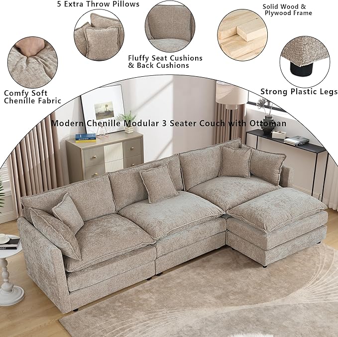 Setawix Deep 3 Seater Couch with Ottoman,112.2" L-Shaped Cloud Couches for Living Room,Chenille Cloud Sofa Couch with Deep Seat,Modular Sectional L Shape 3 Seat Sofa for Bedroom (Coffee, 3+1)
