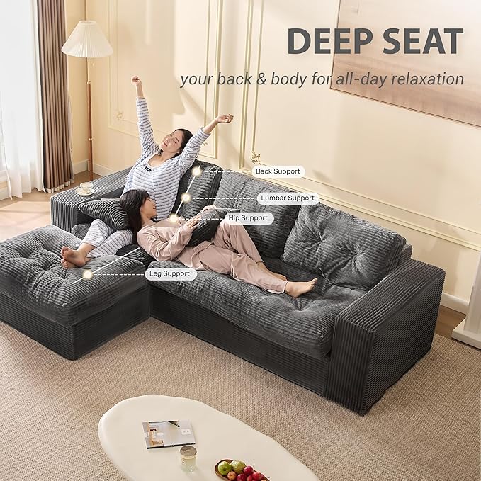 Modular Sectional Sofa, 102” L-Shaped Corduroy Couch with Ottoman, Deep Seat Comfy Sectional for Living Room, Set of Soft Upholstered Cloud Couch for Apartment, Gray