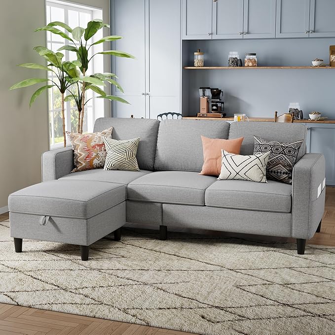 Sectional Sofa and Couches for Living Room, 78'' Light Grey 3 Seat L-Shaped Couch with Movable Ottoman, Comfy Linen Convertible Sectionals Sofas with Chaise for Apartment, Dorm, Small Space