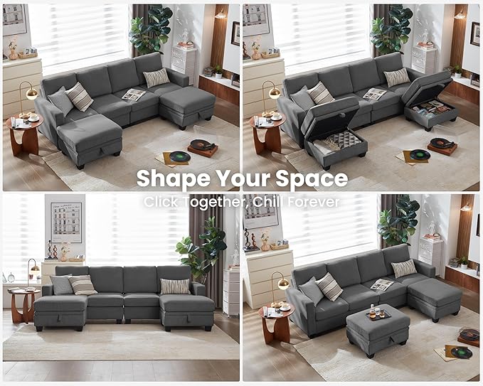 CHIC HOUSE Modular Sectional Sofa with Storage Ottomans, Corduroy Cloud Couch for Small Spaces & Apartments, Reconfigurable L/U Shaped Convertible Corner Sofa (6 Seater Sectional, Dark Grey)