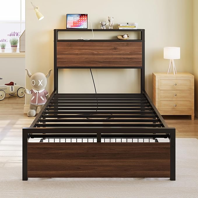 LIKIMIO Twin Bed Frames with Drawer, Storage Headboard with Outlets, No Box Spring Needed, Easy Assembly, Walnut