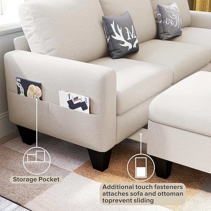 78" Sectional Sofa Couches for Living Room, Beige Convertible L Shaped Couch with Storage Ottoman, Deep Seat Pet-Friendly Linen Fabric Sofa Set for Small Space, Apartment, Dorm