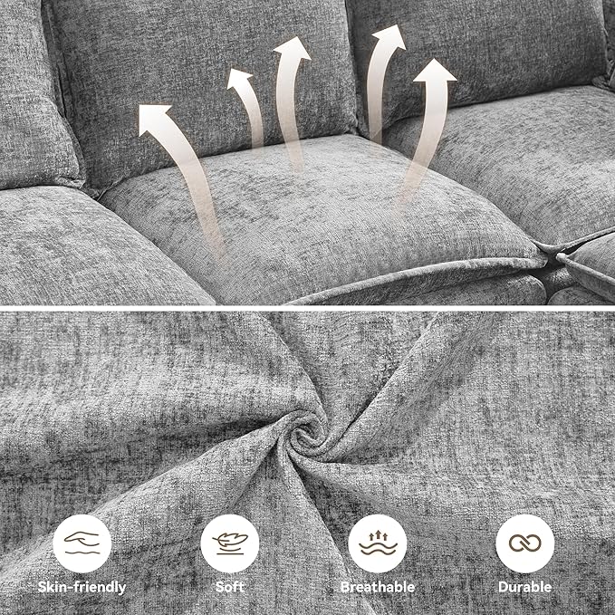 80" Cloud Modular 3 Seater Sofa with Storage, Modern Upholstered Storage Sofa Couch Deep Seat, Sectional Sofa Chenille Comfy Couch with Armrests for Living Room, Small Space, Light Grey