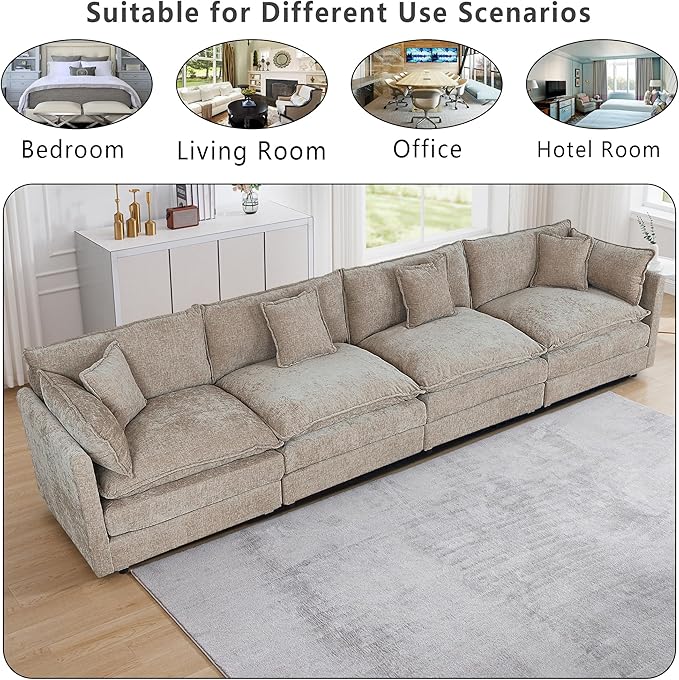 Setawix Chenille Cloud Couches for Living Room,4 Seater Cloud Sofa Couch with Deep Seat,147.22" Roomy Cloud Sofas,Modular Sectional 4 Seat Sofa with Pillows for Bedroom (Coffee, 4 Seater)