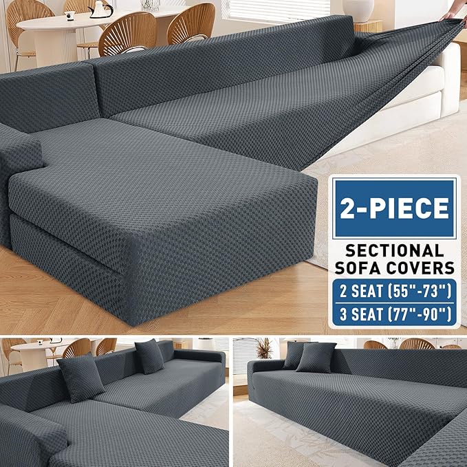ZNSAYOTX Sectional Couch Covers, Stretch Jacquard Slipcovers with Elastic Bottom for L-Shape Sectional Sofa, 2 Pcs Pet Friendly Modular Sofa Protector (3 Seat Couch + 2 Seat Chaise, Dark Grey)