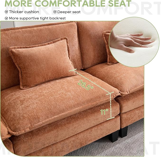120" Modular Sectional Sofa, Comfy Cloud Couch Sectional Sofa with Ottoman, Chenille Sofa Sleeper Deep Seat Sofa with Throw Pillows for Living Room (Orange, 120"- L Shape)