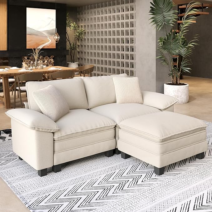 Sectional Loveseat with Ottoman, 87.5'' Oversized Chenille Love Seat Modular Sofa Couch with Pillow, 3-Seat Modern L Shaped Cloud Deep Seat for Bedroom Small Space, Beige