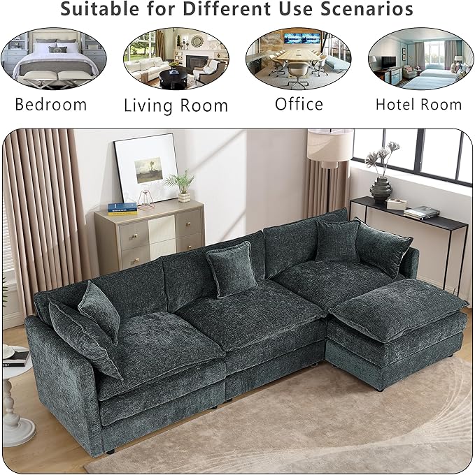 Setawix Deep 3 Seater Couch with Ottoman,112.2" L-Shaped Cloud Couches for Living Room,Chenille Cloud Sofa Couch with Deep Seat,Modular Sectional L Shape 3 Seat Sofa for Bedroom. (Grey, 3+1)