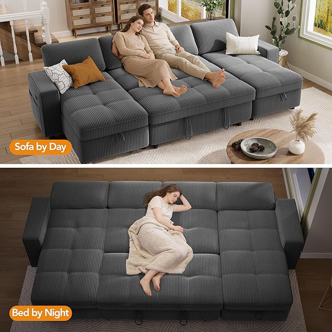 Vipbear Sectional Sleeper Couch with Pull Out Sofa Bed, U Shaped Plush Corduroy Couch with Reclining Backrest & 2 Storages & USB Charging, Convertible Cloud Sectional Sofa Bed for Living Room, Grey | Breathable material, Tool-Free Assembly, Reclining B...