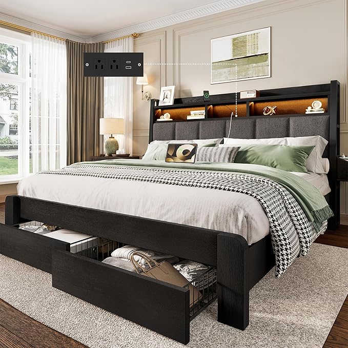 BRELTAM Bed Frame Queen Size with 2 Storage Drawers and 2-Tier Headboard,Upholstered Wood Platform Bed with Charging Station, LED Lights,Noise-Free/Metal Support/No Box Spring Needed,Black