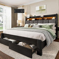 BRELTAM Bed Frame Queen Size with 2 Storage Drawers and 2-Tier Headboard,Upholstered Wood Platform Bed with Charging Station, LED Lights,Noise-Free/Metal Support/No Box Spring Needed,Black