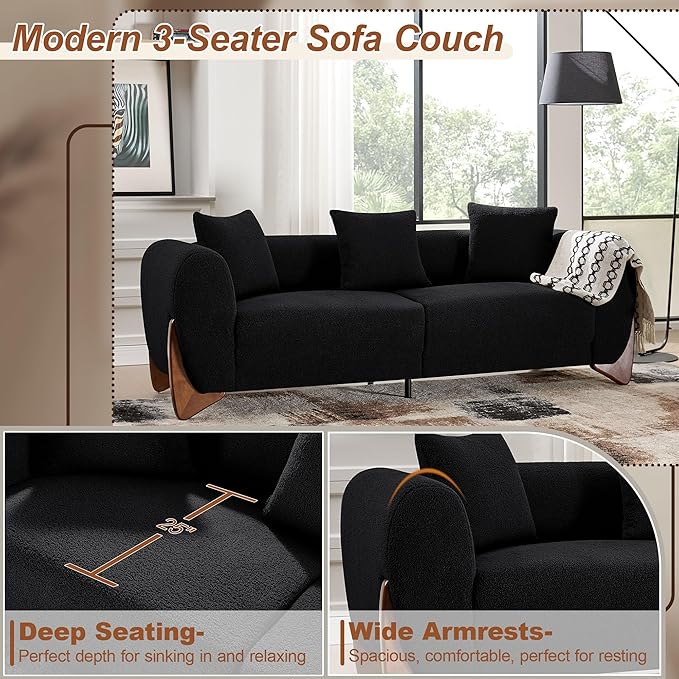 87" Sherpa Boucle Cloud Couch Modern 3 Seater Sofa with Solid Wood Legs, 25" Extra Deep Seat, Comfy Thick Cushion Upholstered Sofa Couches with 3 Pillows for Living Room, Black