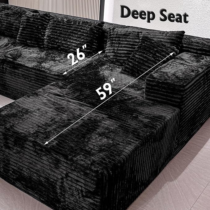 Boneless Modular Sectional Sofa, Cloud Couch with Right Facing Chaise, Oversized Deep Seat, L-Shaped, Soft Corduroy Fabric, Sectional Couch for Living Room -Black