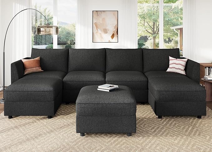 HONBAY Modular Sofa U Shaped Sectional Couch with Storage, Convertible Modular Sofa 7 Seats Sectional for Living Room - Linen Grey