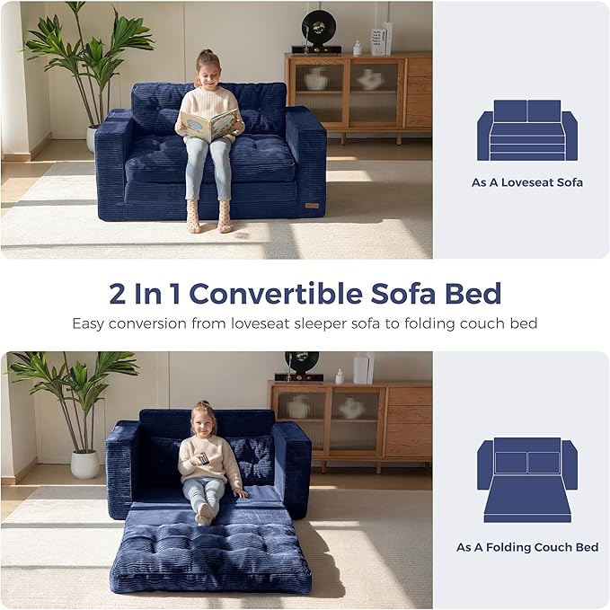 MAXYOYO Convertible Sofa Bed, Pull Out Loveseat Sleeper Sofa, 2 in 1 Folding Couch Bed, Fold Out Floor Couch with Pillows for Living Room Lounge, Navy