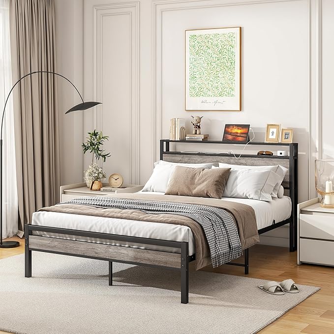 BOFENG Full Size Bed Frame with Storage Headboard/Charging Station,Heavy Duty Metal Platform Bed Frame Full,Reinforced Steel Slats Support,No Box Spring Needed,Noise Free,Grey