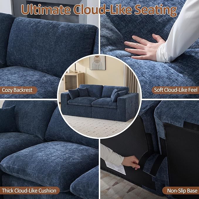 83''Cloud Boneless Sectional Couch, Modular Sectional Sofa Deep Seat, Upholstered Convertible Comfy Loveseat Chenille Memory Foam Sofa Couches for Living Room, Navy