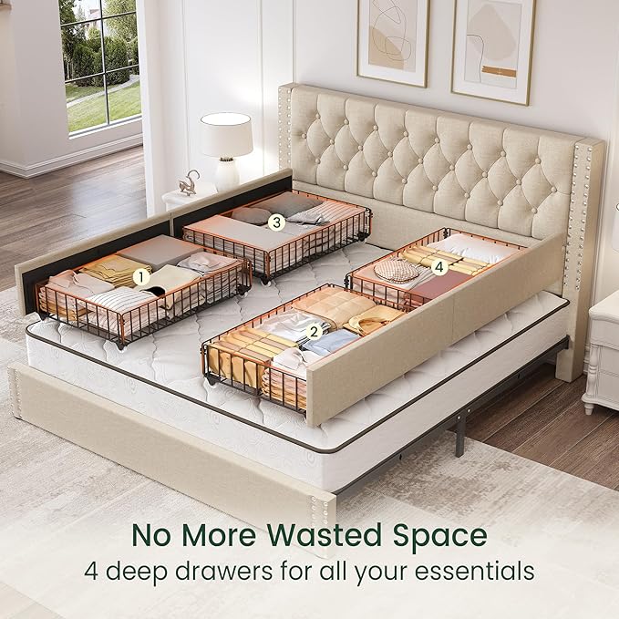 LARMACE King Size Bed Frame with 4 Storage Drawers and Tufted Headboard Linen Upholstered Platform Bed Frame with Heavy Duty Wood Slats, No Box Spring Needed, Easy Assembly, Beige