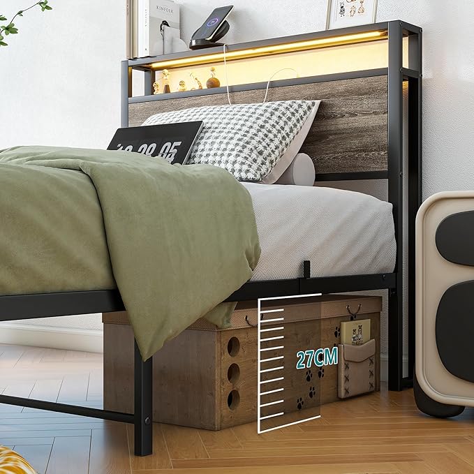 BOFENG Twin Bed Frame with Wood Headboard and USB Charging Station,Heavy Duty Metal Platform Single LED Bed Frame Twin Size with Storage No Box Spring Needed,Strong Steel Slats,Noise Free,Rustic Grey
